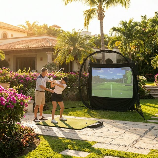 Clase de golf en casa con simulador